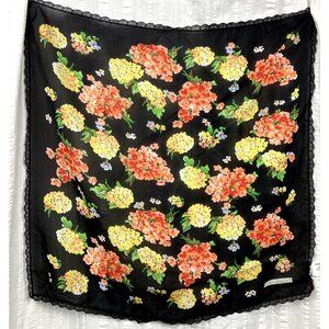 Vintage Laura Ashley Made In Italy Lace Trim Dark Floral Scarf Silk